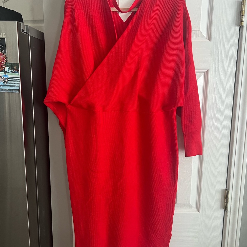 Red Asymmetrical Dolman Sleeve Dress